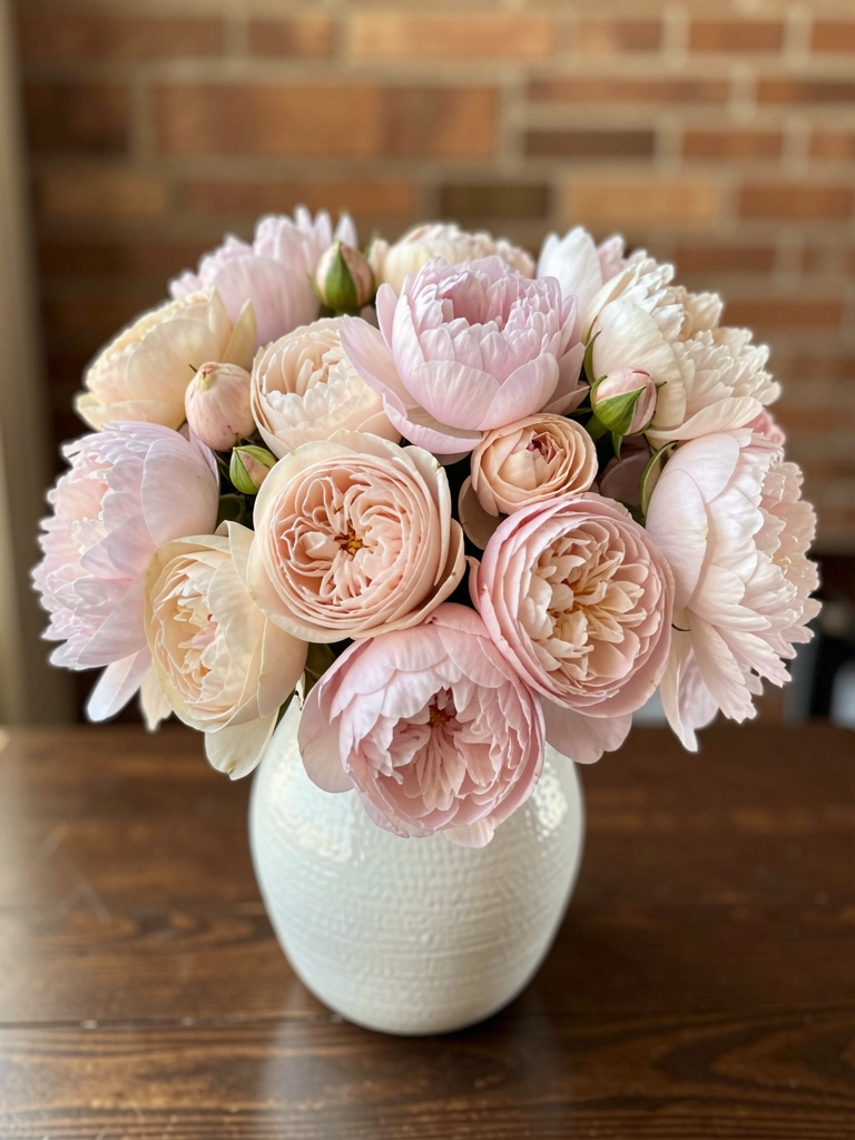 Buquê exuberante de rosas e peônias em rosa e blush em vaso de cerâmica branca sobre mesa de madeira escura, parede de tijolos desfocada ao fundo com luz natural.