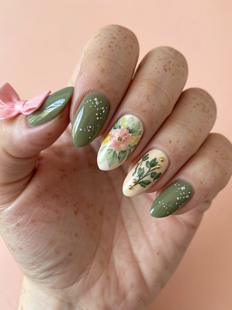Mão morena com unhas verde abacate em acabamento matte
