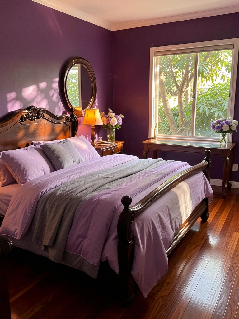 Cama com edredom lilás e cinza, parede roxa escura, mesa de vidro com cesto de vime e luminária âmbar ao lado do espelho redondo.