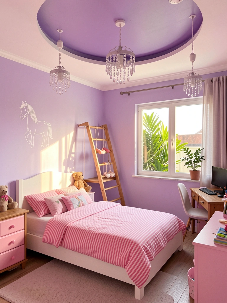 Quarto infantil com parede lilás, cama branca com colcha listrada rosa e branca, escrivaninha de madeira com computador e ursinho, e claraboia com lustres de cristal.