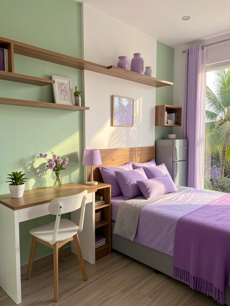 Parede verde-clara, cabeceira de madeira com prateleiras embutidas, cama cinza com almofadas lilases e cobertor roxo, mesa branca com cadeira e luminária, luz natural.