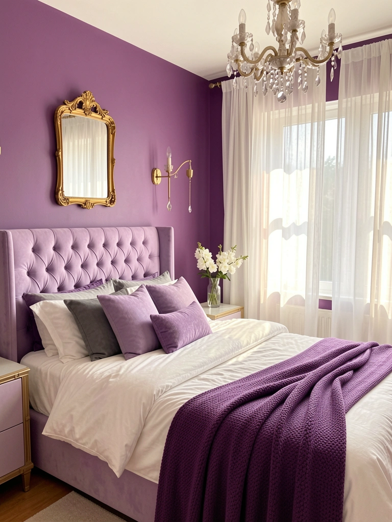 Cama estofada lavanda com cabeceira capitonê, roupa de cama branca e almofadas lilás e cinza, manta roxa, vaso de vidro com flores brancas no criado-mudo, parede lavanda, espelho dourado e lustre de cristal, luz natural entrando por cortinas brancas.