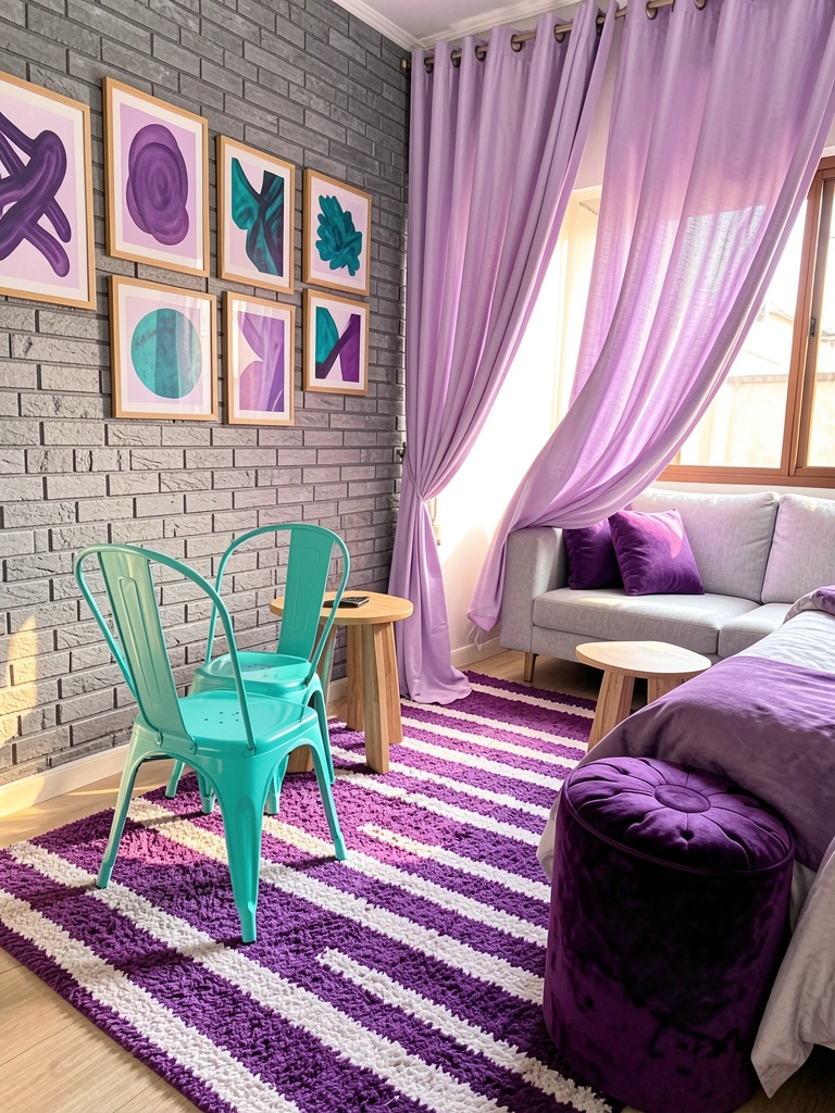 Parede de tijolos cinza texturizada com quadros abstratos em roxo e teal, tapete listrado roxo e branco, cadeira turquesa e pufe roxo ao lado da cama.