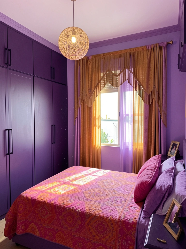 Luz natural destaca poeira no ar, cama com colcha rosa e laranja estampada, guarda-roupas roxo escuro e cortina dourada com franjas.