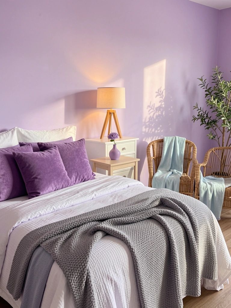 Luz natural incide sobre cama branca com almofadas lilases e manta cinza, ao lado mesa clara com vaso roxo e luminária de tripé.