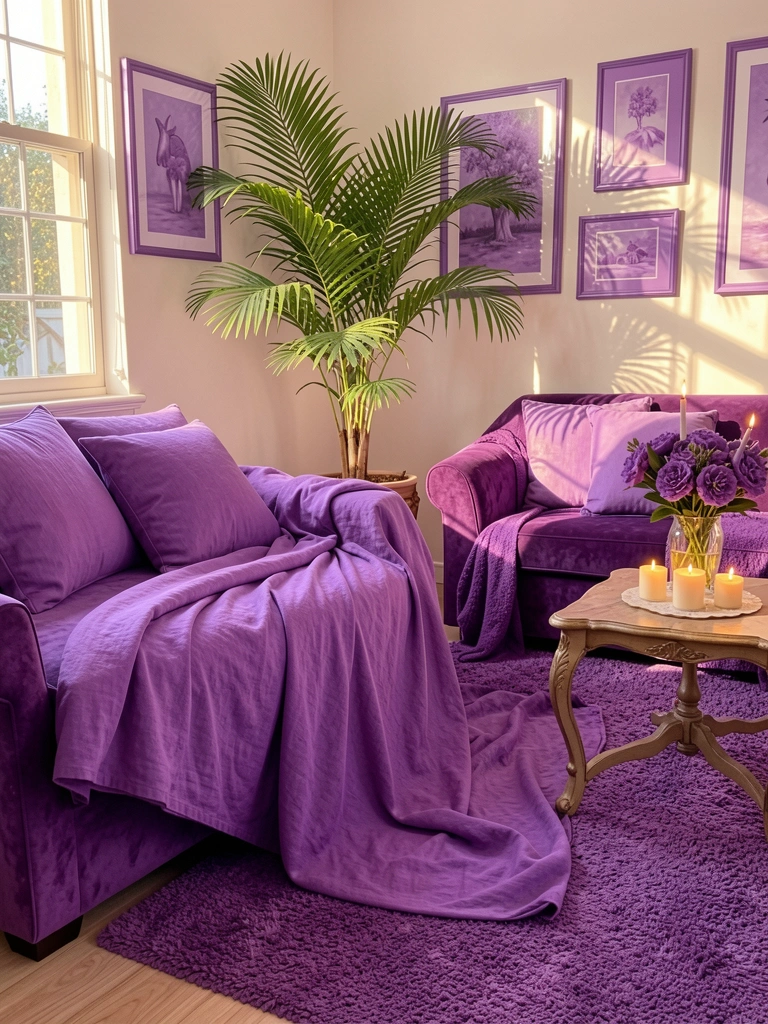Cama e sofá em roxo, palmeira no canto, quadros lilases na parede, vaso de flores e velas acesas em mesa ornamentada, luz natural do dia.