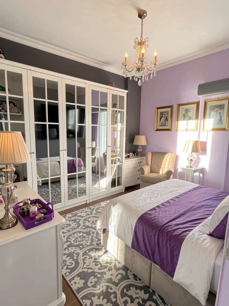 Cama com colcha roxa e branca, guarda-roupa branco com portas de vidro, luminárias com cúpula bege e lustre de cristal no teto.
