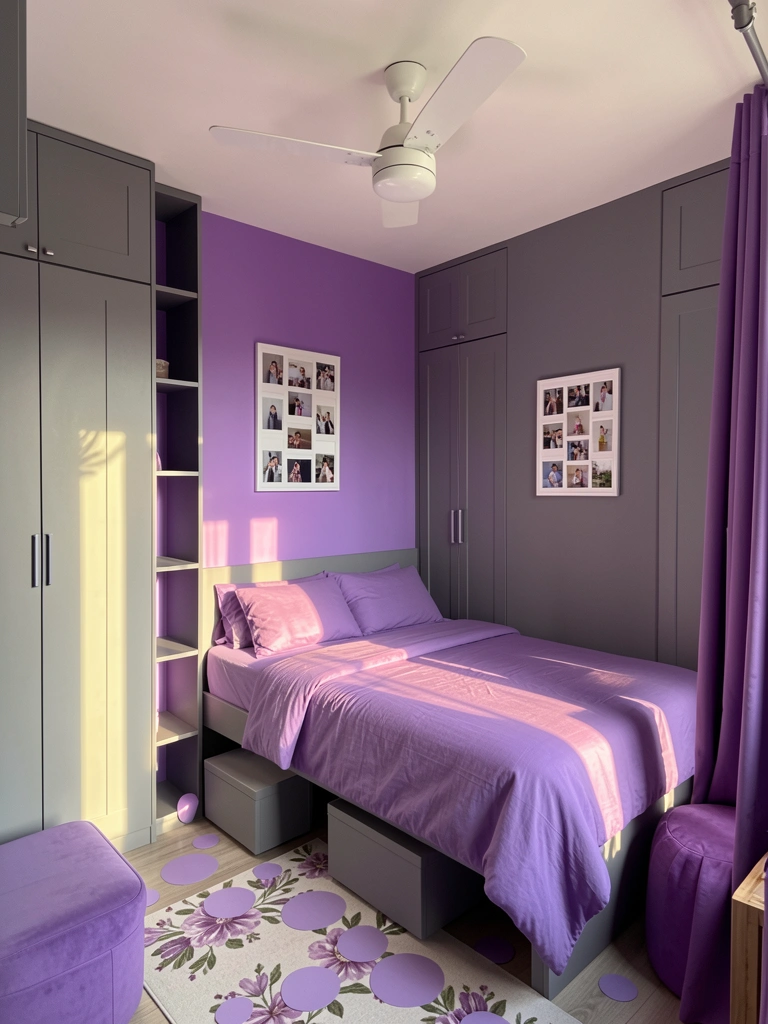Paredes roxas e armários cinza em quarto minimalista, cama com edredom lilás e pufe roxo, luz natural destaca texturas.