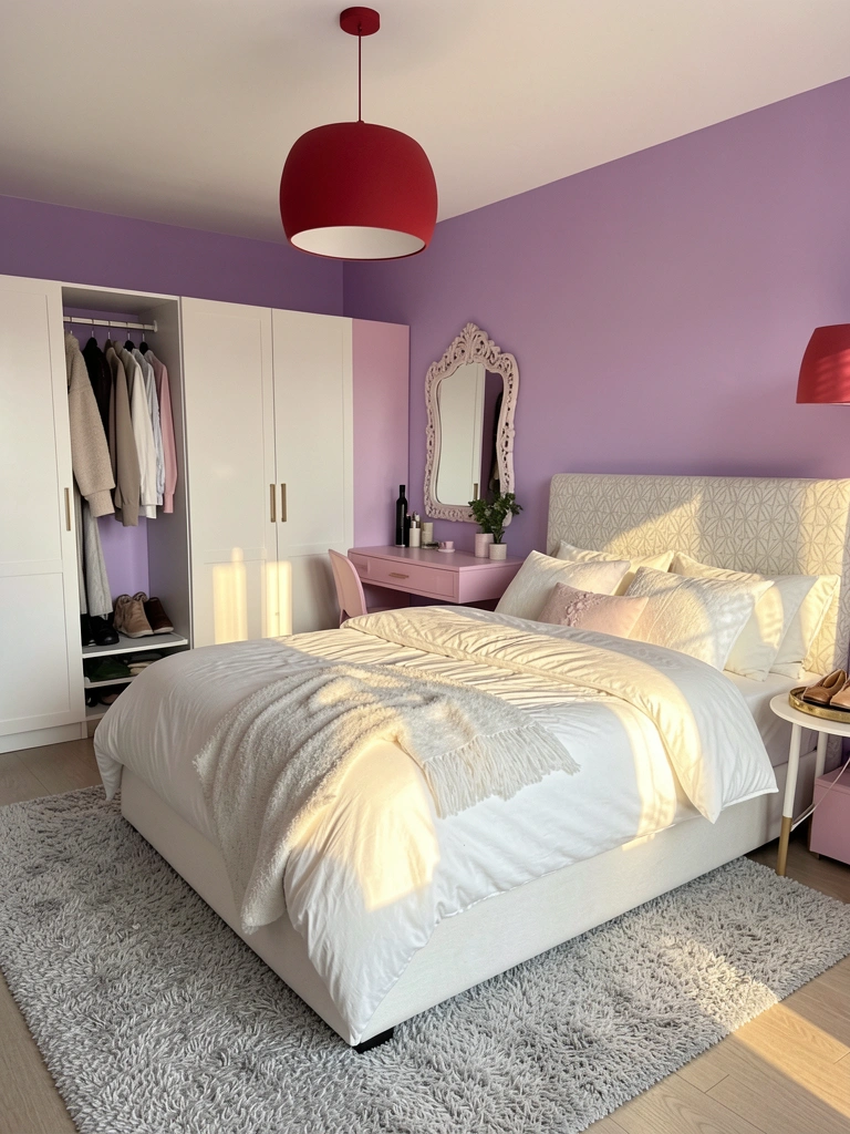 Parede lilás, cama branca com edredom fofo, guarda-roupa branco e penteadeira rosa sob luz natural.
