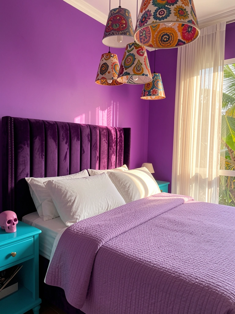 Cama com cabeceira de veludo roxo, colcha lilás e almofadas brancas, abajures coloridos pendentes e mesa turquesa com crânio rosa.
