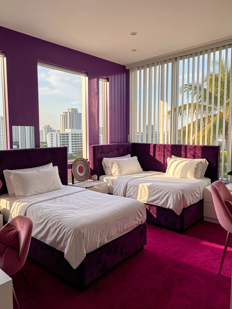 Camas gêmeas roxas com roupas de cama brancas, carpete magenta e vista panorâmica da cidade pela janela com persianas verticais.