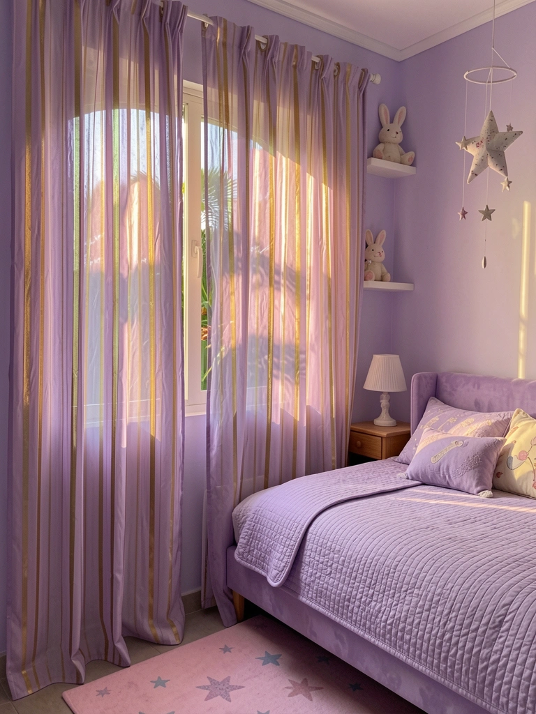 Cortina listrada lilás e dourada com brilho iridescente, cama lavanda com colcha combinando e coelho de pelúcia na prateleira, luz natural filtrada.
