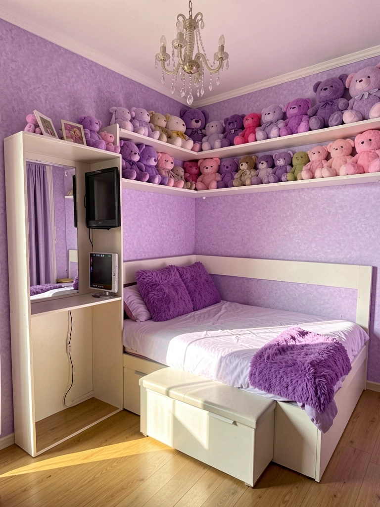 Lilás nas paredes, cama baixa com travesseiro roxo e prateleira com bichos de pelúcia sob luz natural.