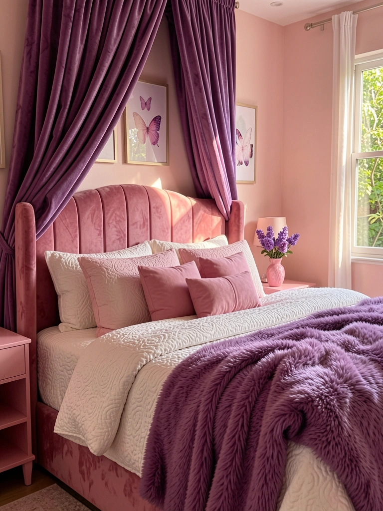 Cama estofada em veludo rosa com edredom branco texturizado, almofadas rosas e manta roxa, cortinas de veludo roxas e quadros de borboletas acima, luz natural suave.
