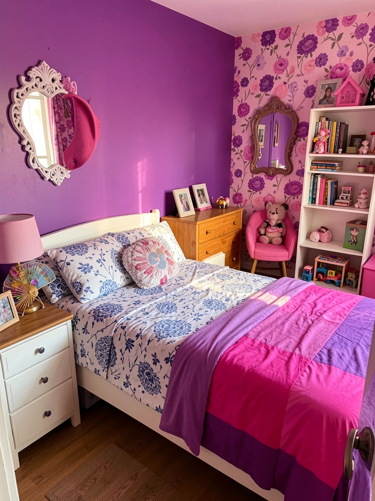 Luz natural incide sobre cama com colcha branca e azul, edredom rosa e roxo, parede roxa ao fundo e criado-mudo com abajur.