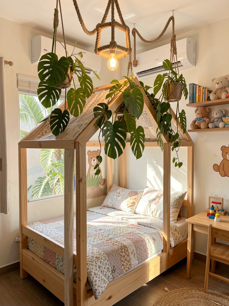 Cama de madeira clara com colcha estampada e almofadas sob lustre rústico de corda e lâmpada, plantas tropicais penduradas e ar condicionado branco.