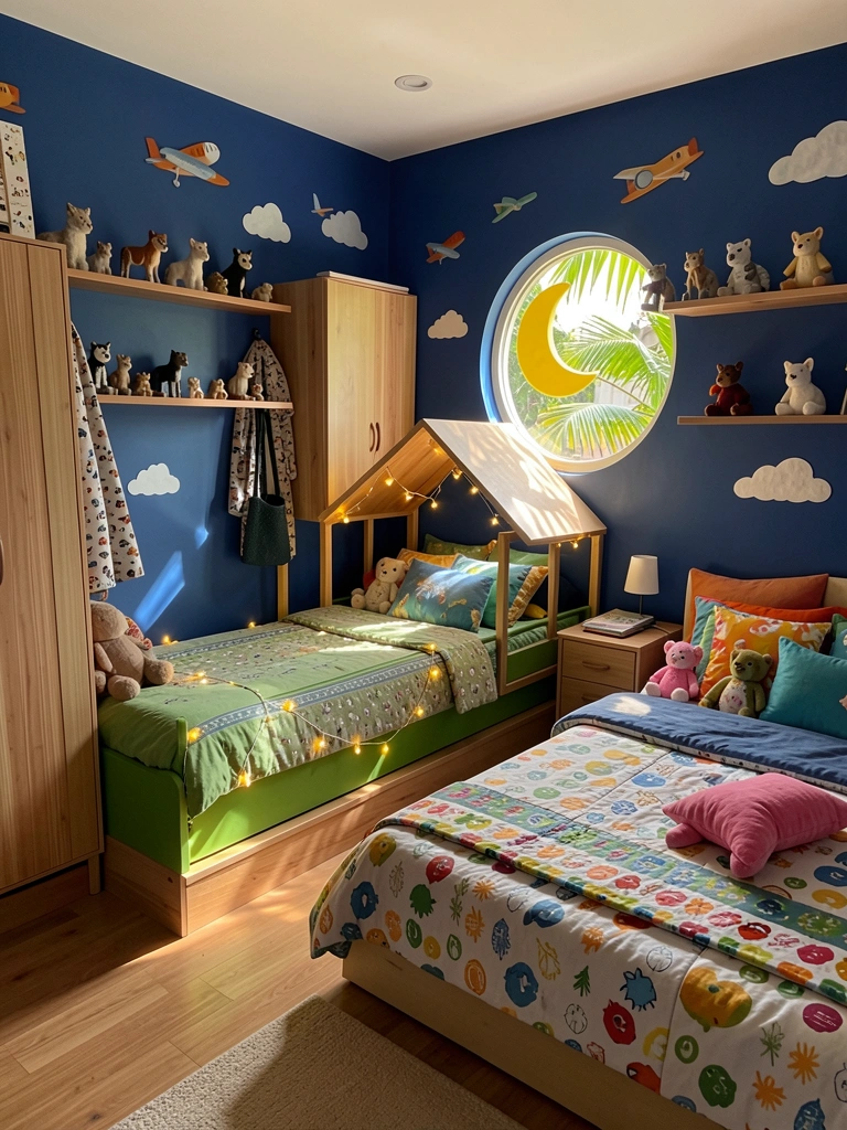 Quarto infantil com cama verde iluminada por luzes de fada, estantes com miniaturas de animais e janela circular com lua amarela, luz natural filtrada.