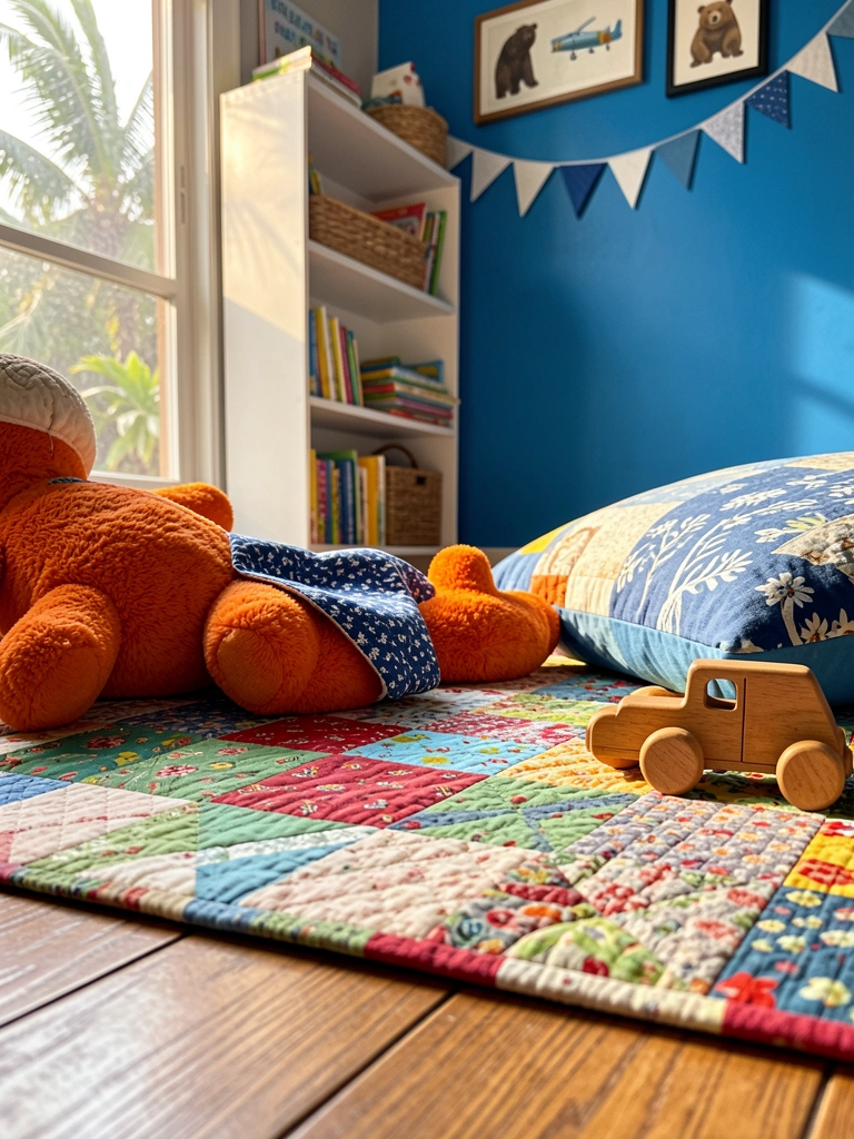 Colcha patchwork colorida no chão de madeira com urso de pelúcia laranja, estante branca com livros e parede azul com quadros de animais.