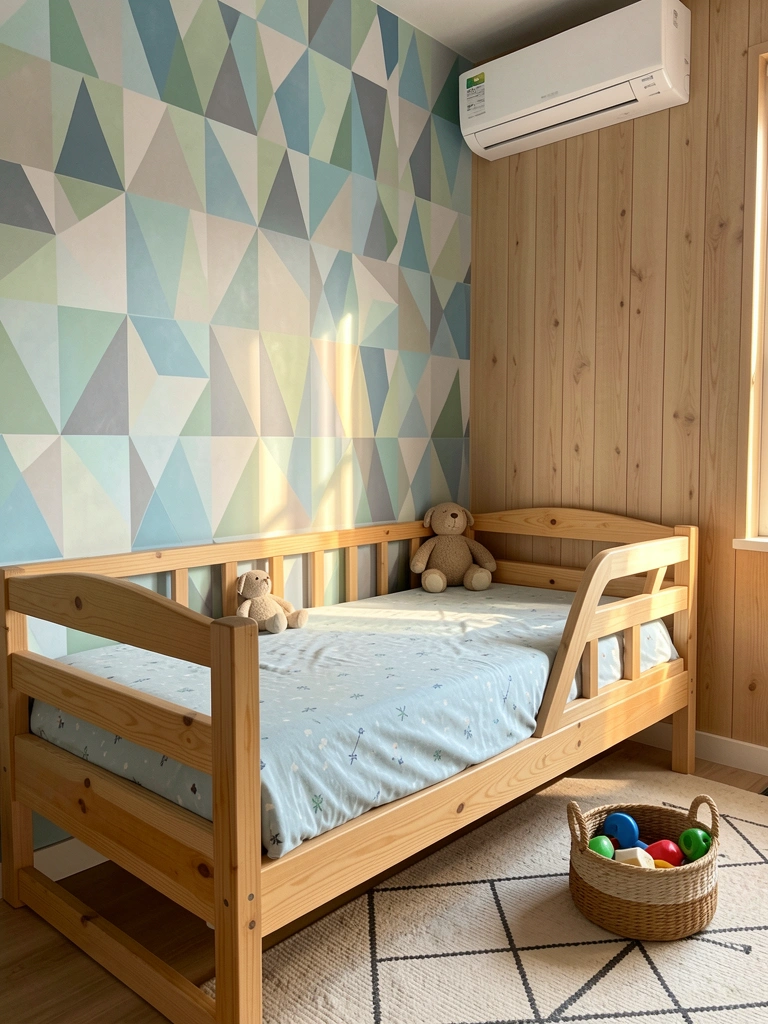 Cama infantil de madeira com lençol azul claro estampado, ursinho de pelúcia, cesto de vime com brinquedos, papel de parede geométrico e ar condicionado na parede, luz natural entrando.