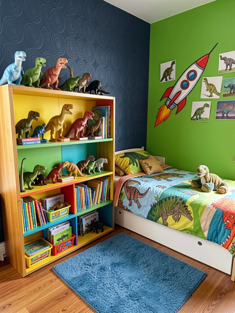 Cama baixa com prateleira colorida cheia de dinossauros de brinquedo e livros, parede verde com figuras de dinossauros e mural de foguete, tapete azul no chão, luz natural.