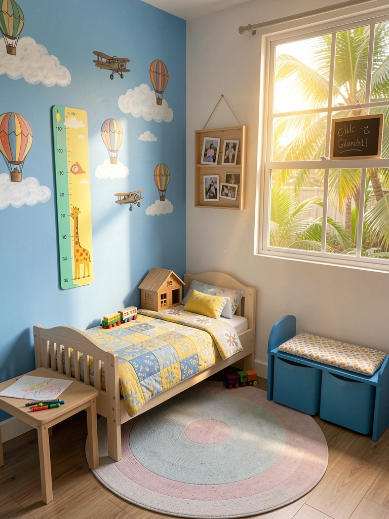 Parede azul com nuvens pintadas, balões e avião vintage; cama infantil com colcha amarela e azul; luz natural filtrada.