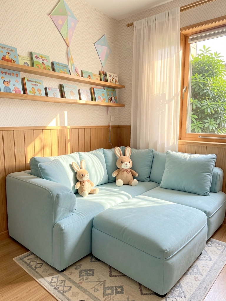 Luz natural filtrada por cortina incide sobre sofá-cama azul claro com almofadas, dois coelhos de pelúcia e estante de livros infantis.