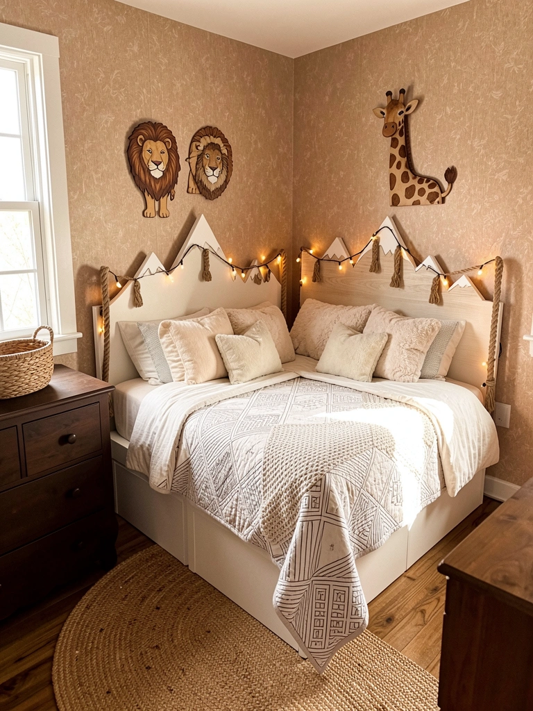 Cama infantil branca com colcha geométrica e cabeceira de madeira com tema de montanha, iluminada por luz natural suave e cercada por decoração de parede de leão e girafa.
