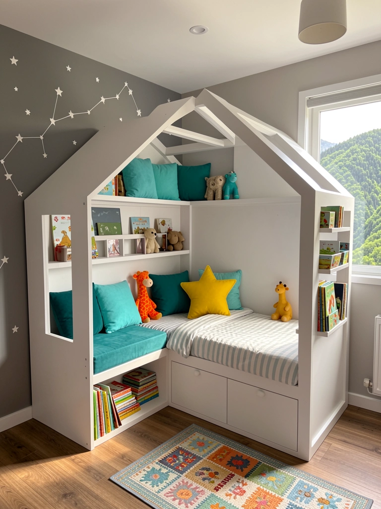 Cama em formato de casa com prateleiras e almofadas azuis e amarelas, vista de montanha verde pela janela, luz natural suave.