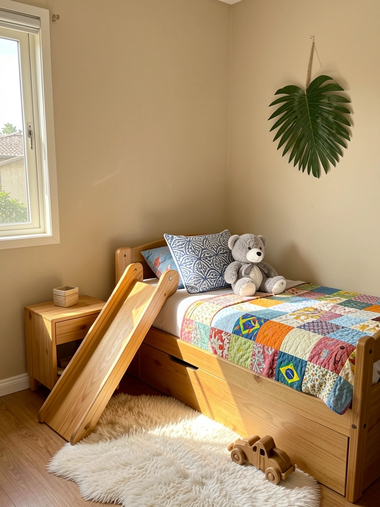 Quarto infantil com parede bege, cama de madeira com escorregador, urso cinza e branco sentado sobre colcha colorida e travesseiro azul, luz natural entrando pela janela.