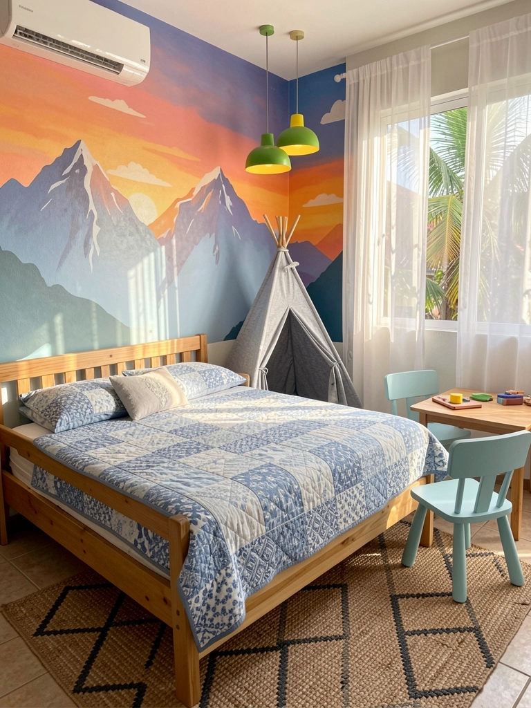 Cama de madeira com colcha azul e branca, tenda cinza e mural de montanhas ao fundo, luz natural filtrada por cortinas brancas.