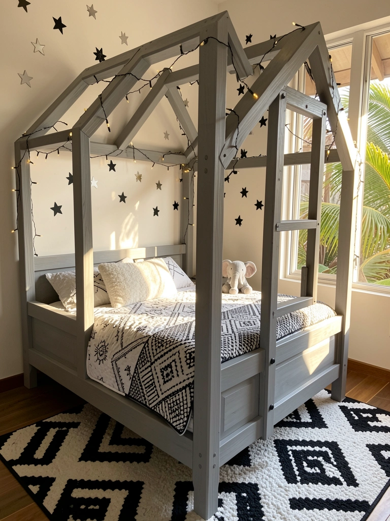 Cama de dossel de madeira cinza com colcha branca e preta, tapete geométrico preto e branco, e luminárias de corda em cama de casinha cinza, sob luz natural.