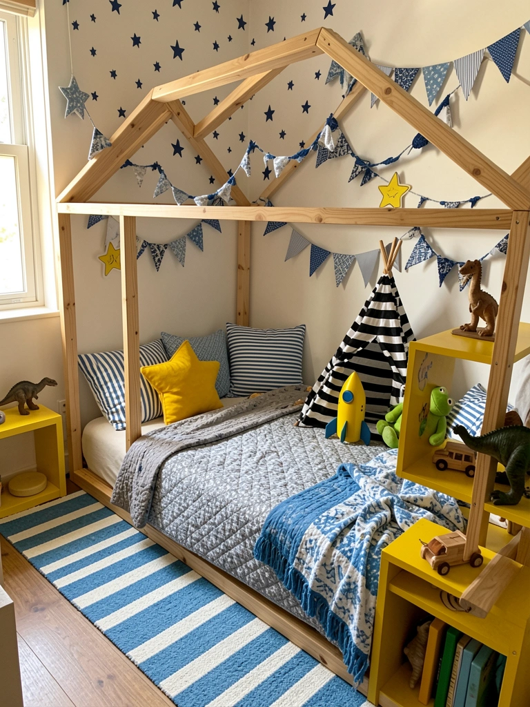 Cama em formato de casinha com colcha xadrez azul e cinza, travesseiro listrado azul e branco e um teepee listrado ao lado, luz natural do dia.