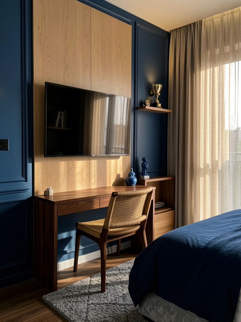 Quarto com painel de madeira clara e TV montada, escrivaninha com cadeira de vime e cama cinza refletida, cortina bege e luz difusa.