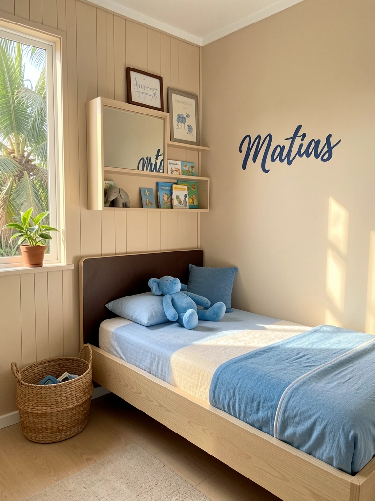 Cama infantil de madeira clara com cabeceira marrom escura, urso de pelúcia azul sobre o travesseiro e cesto de vime ao lado, sob luz natural.
