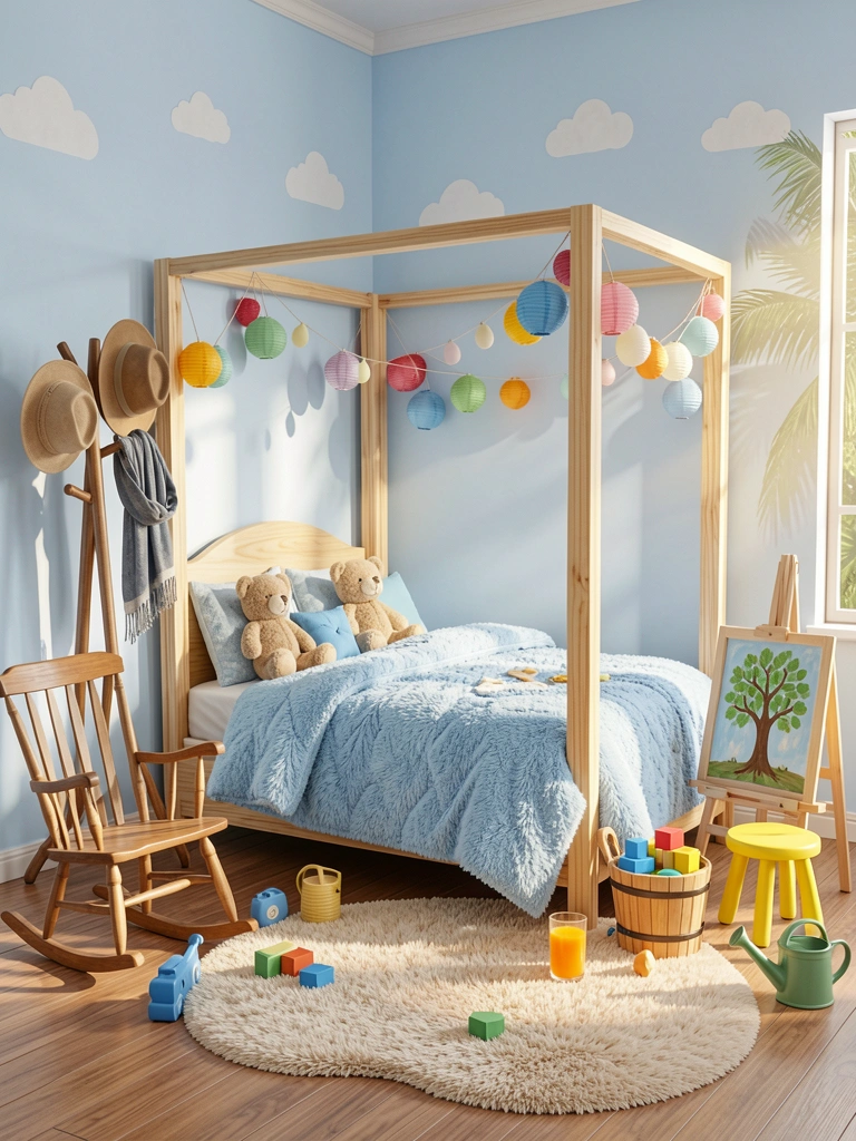 Cama de dossel de madeira clara com edredom azul felpudo e ursinho de pelúcia, parede azul com nuvens brancas e luz natural.