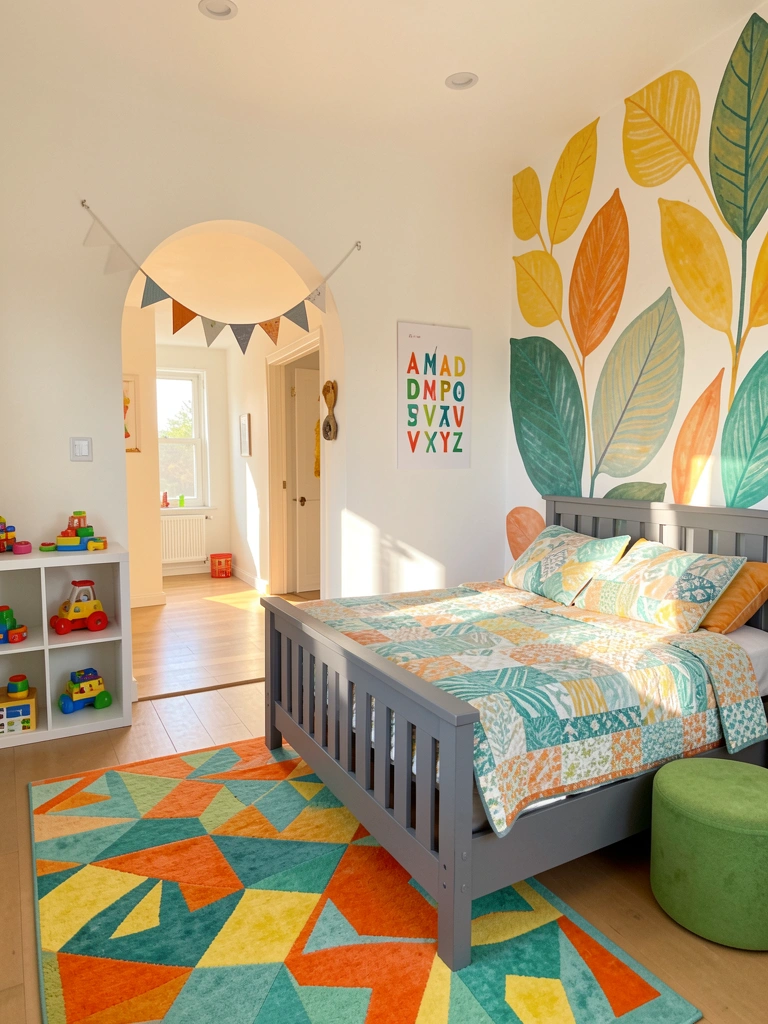Quarto infantil com cama de madeira cinza, colcha estampada e almofadas, prateleira com brinquedos, tapete geométrico laranja e teal, e luz natural entrando pela porta em arco.