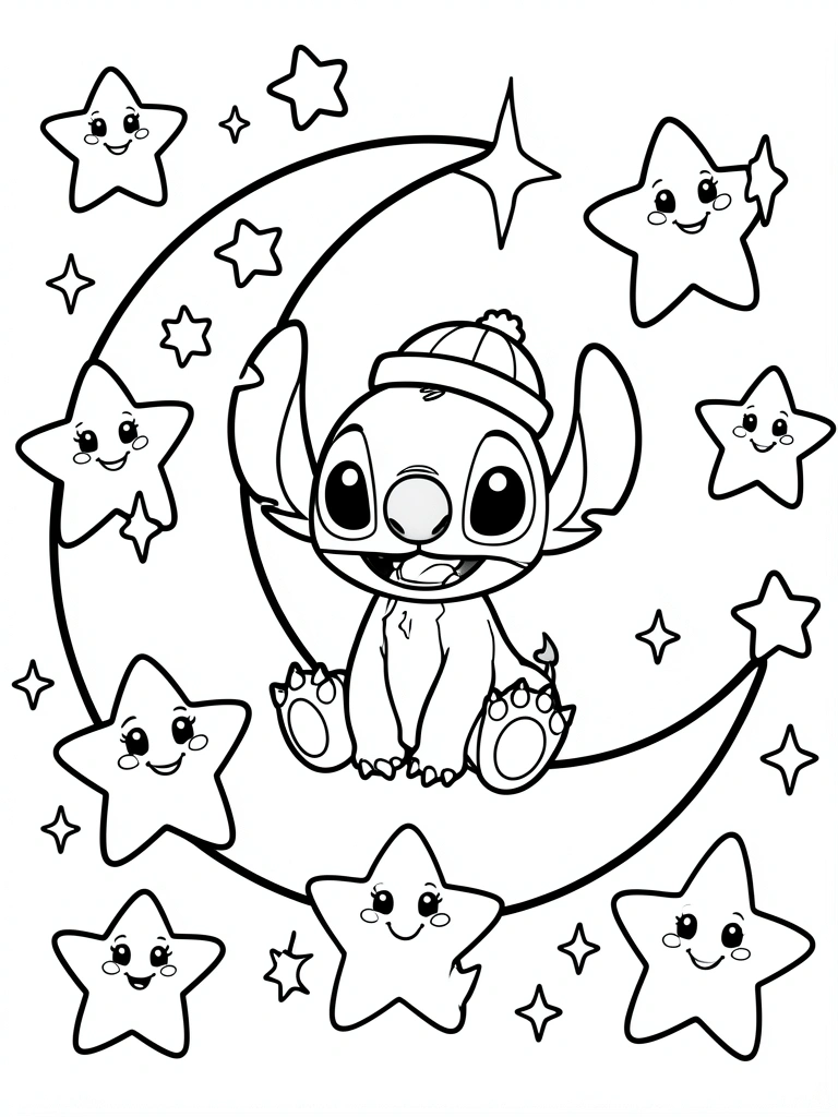 Stitch sentado em lua crescente com estrelas sorridentes, traços pretos, fundo branco, estilo colorir.