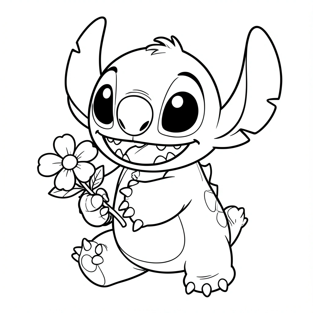 Stitch em preto e branco segurando uma flor, com olhos grandes e sorriso travesso, linhas limpas em fundo branco.