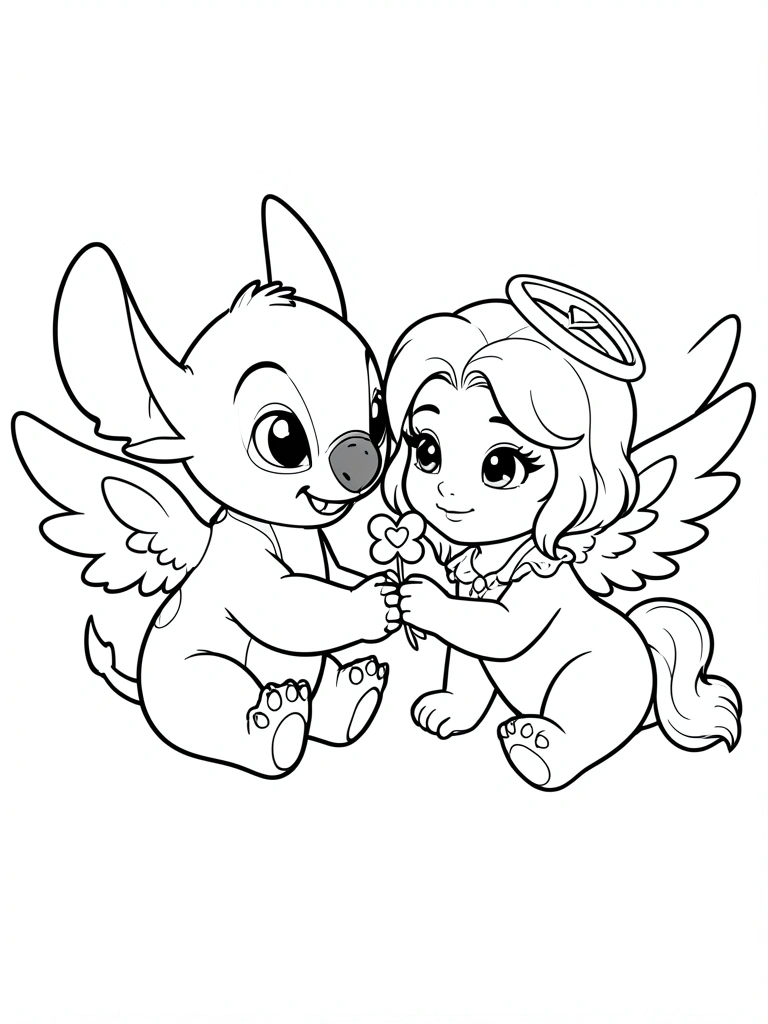 Stitch sentado abraça Angel deitada, segurando flor em formato de coração com a asa, traços pretos, fundo branco puro.