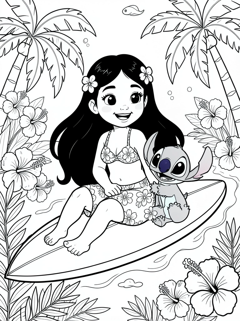 Desenho em preto e branco de menina polinésia sorrindo em uma prancha de surfe no oceano, segurando Stitch, com folhagens tropicais ao redor.