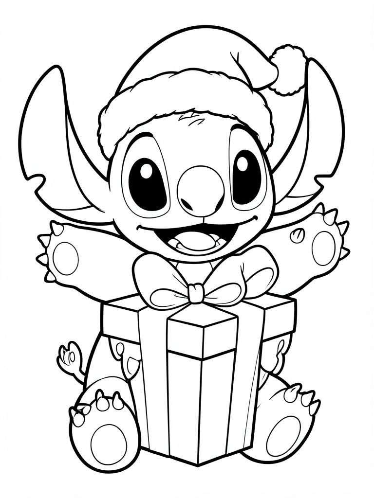 Stitch com gorro de Papai Noel segurando caixa de presente grande com laço, arte linear preto e branco, fundo branco puro.