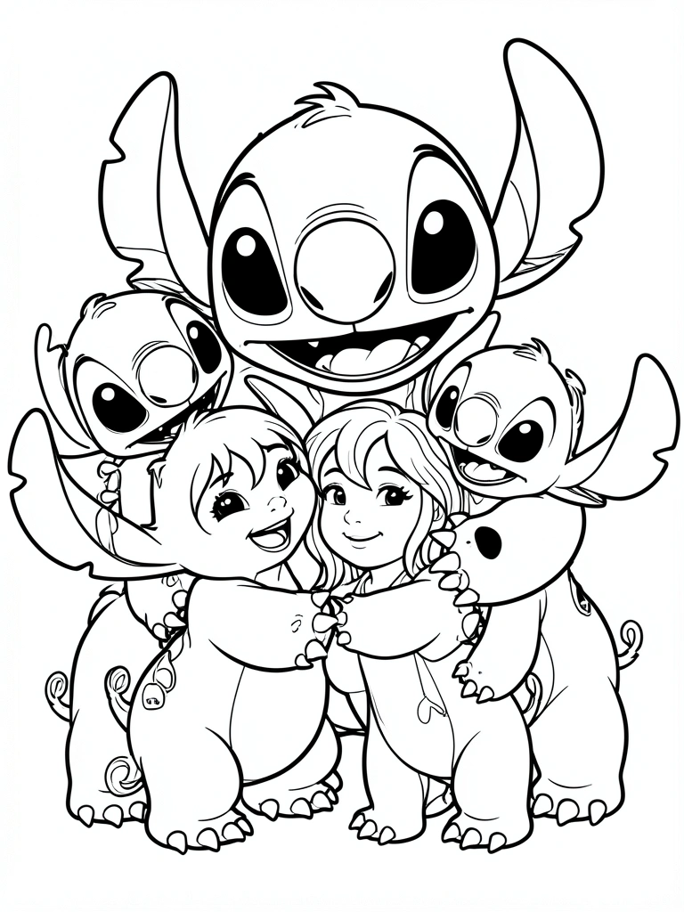 Stitch em preto e branco abraça Lilo e outros Stitchs, traços limpos, fundo branco.