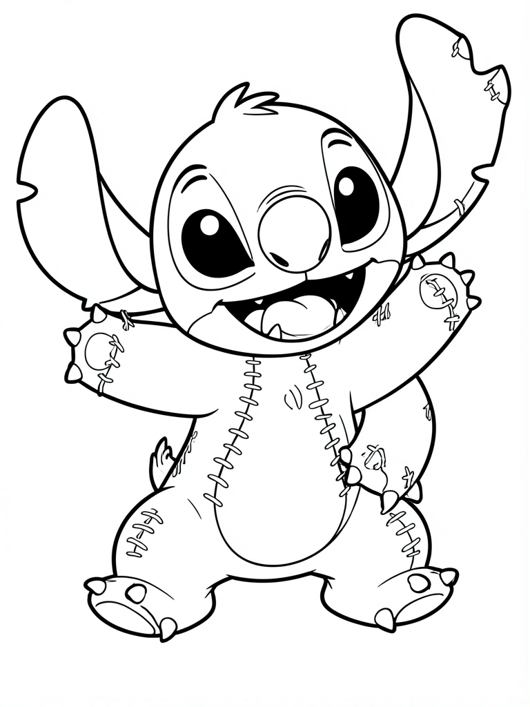 Stitch cartum em preto e branco, estilo página de colorir, com orelhas grandes, olhos expressivos e sorriso largo, contornos grossos e limpos.