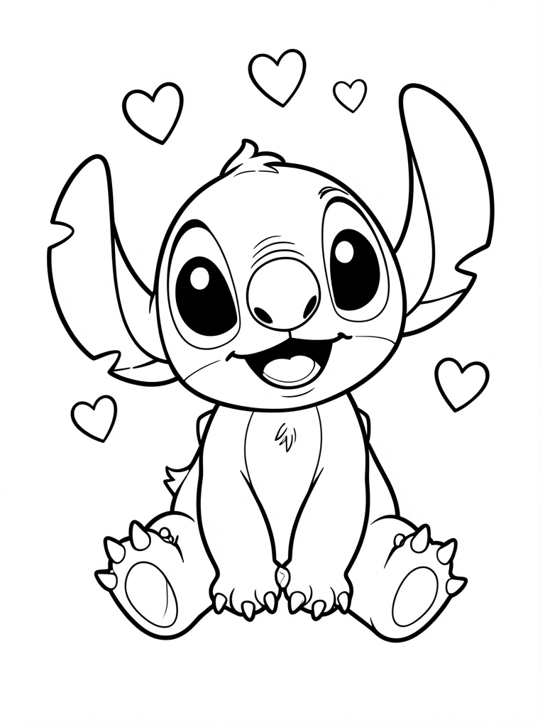 Personagem Stitch cartoon sentado com patas juntas, olhando para cima, cercado por corações pequenos, arte linear preto e branco, fundo branco puro.