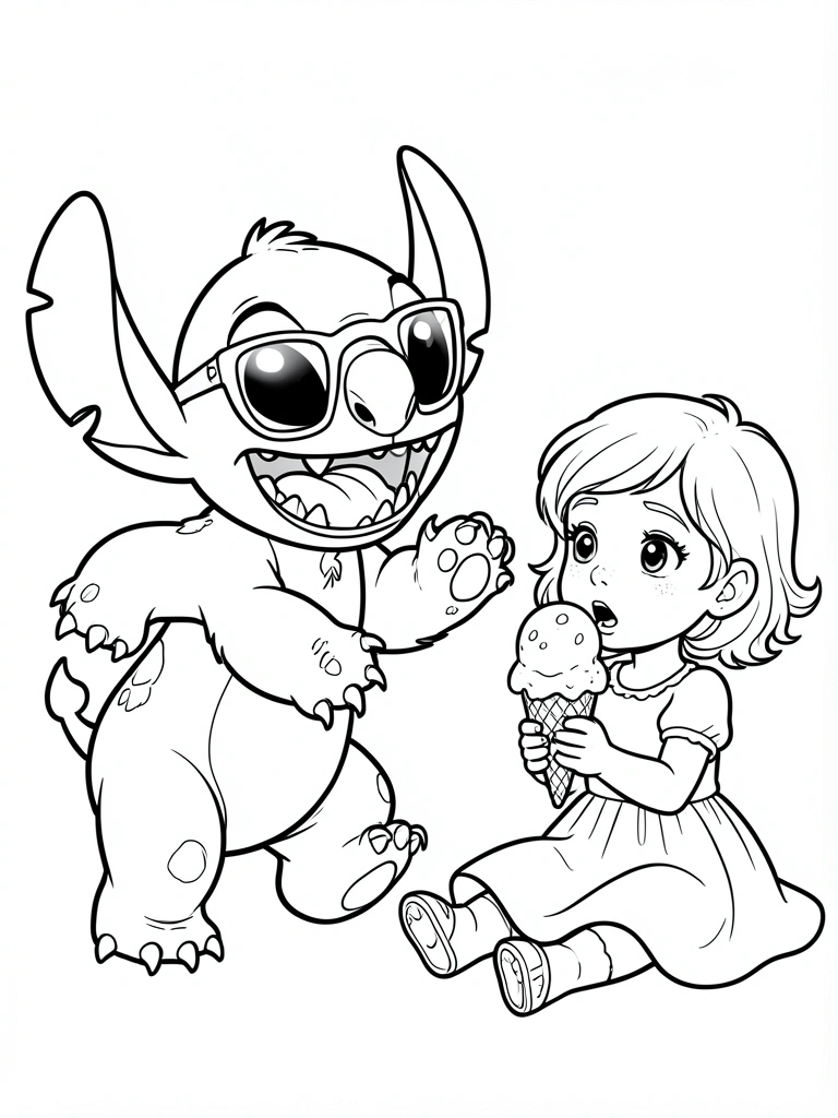 Arte linear preto e branco de Stitch de óculos escuros correndo atrás de menina de vestido com sorvete, fundo branco puro.