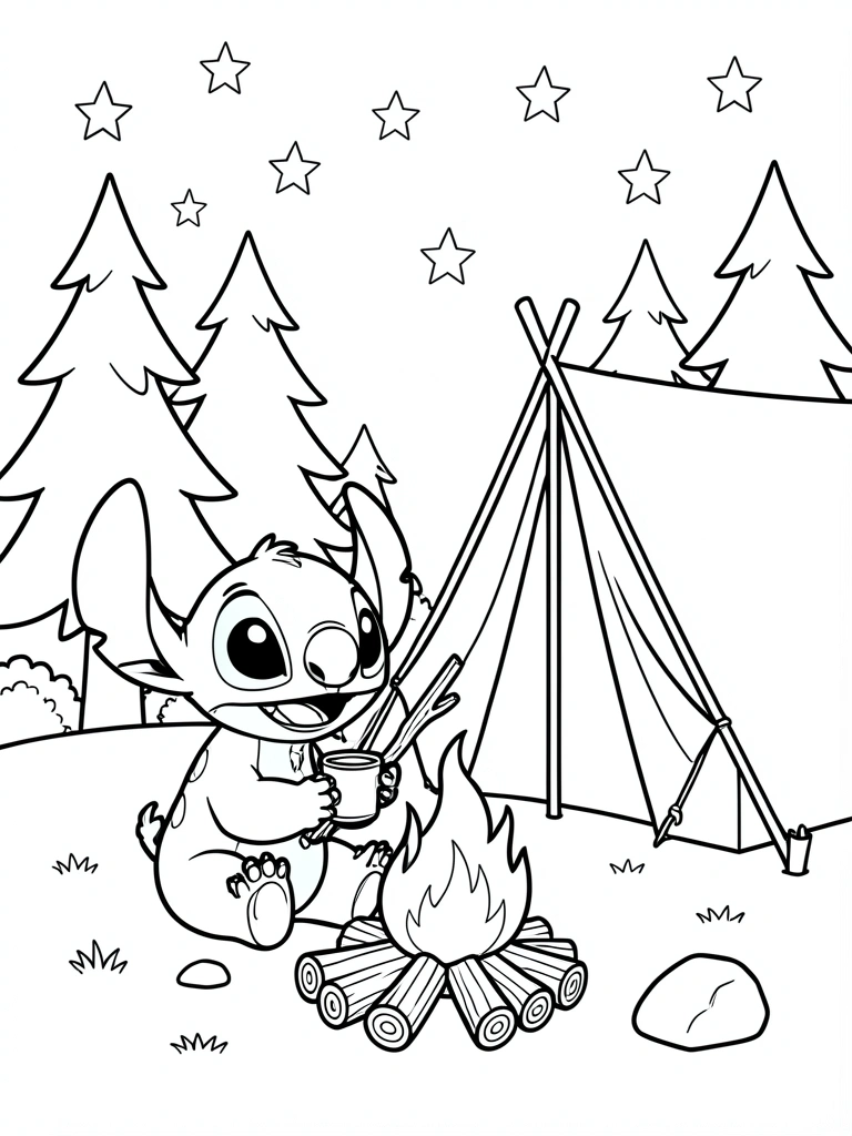 Stitch segurando copo e graveto em acampamento com fogueira, barraca e pinheiros, estrelas no céu, arte linear preto e branco.