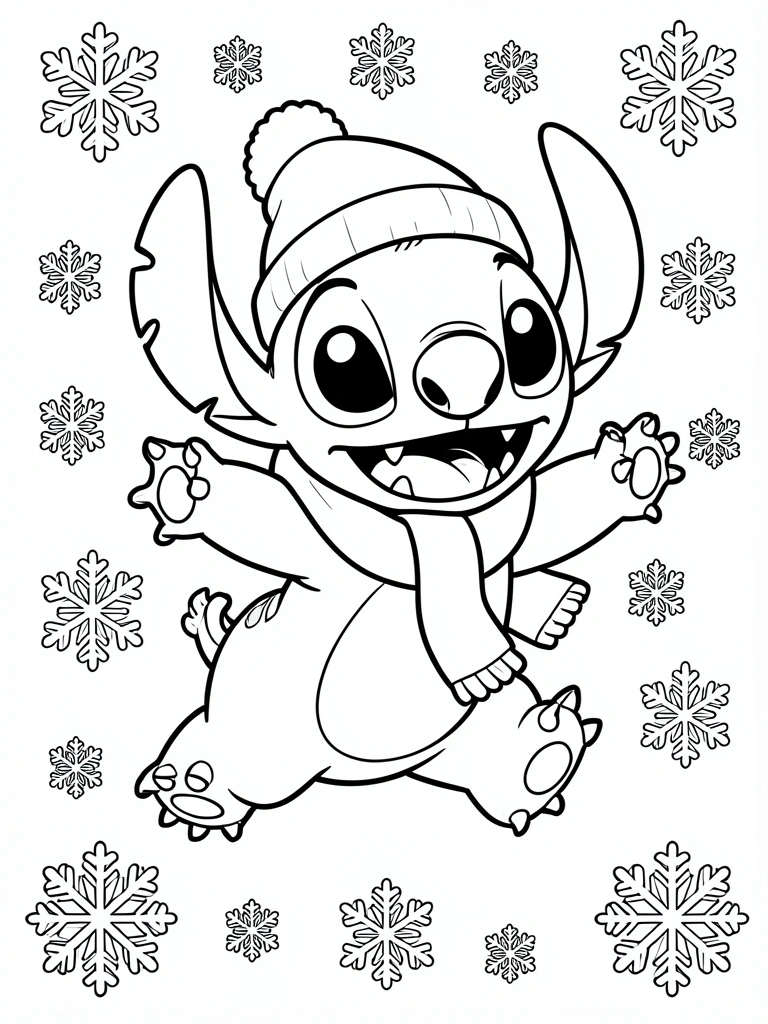 Página de colorir em preto e branco: Stitch de desenho animado de chapéu e cachecol, pulando com braços e pernas abertos, cercado por flocos de neve.