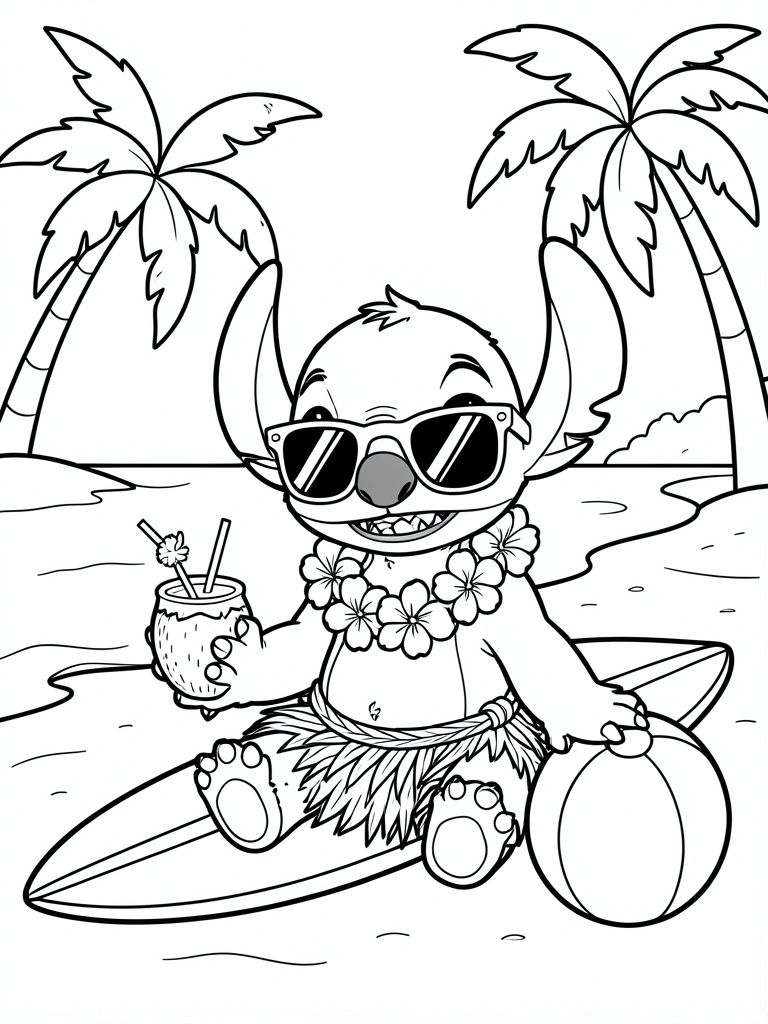 Stitch com colar de flores, saia de grama e óculos escuros sentado na areia com prancha de surf, coco e bola de praia, coqueiros ao fundo, arte linear preto e branco.