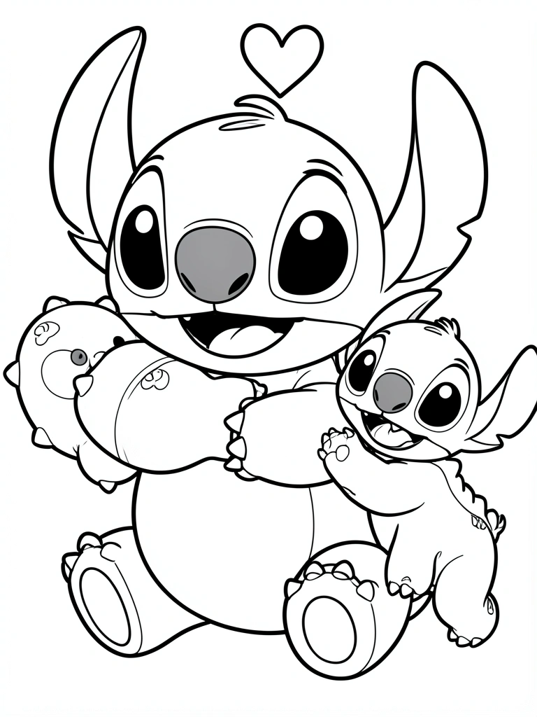 Stitch em preto e branco segurando um filhote, coração acima da cabeça, estilo de livro de colorir.