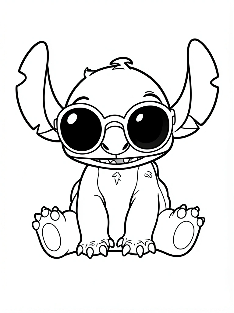 Desenho em preto e branco de Stitch com óculos escuros redondos, sentado e olhando para baixo, orelhas caídas e patas visíveis.